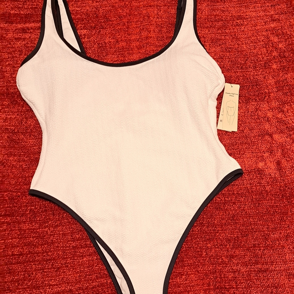 Women Bodysuit in Cream with Black Trim